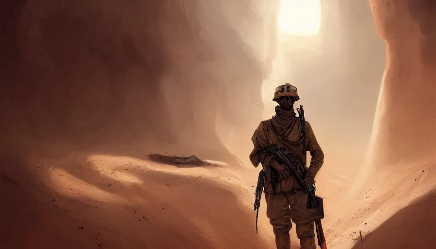 Image similar to beautiful digital painting of a soldier in a trench waiting for the war to end, in the sahara desert. cinematic lighting, atmospheric, emotions, concept art by greg rutkowski, by artgerm,