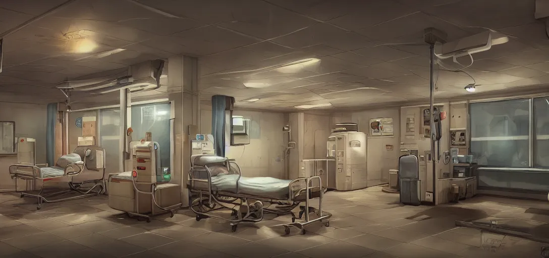 Image similar to retro hospital concept art, 8 k photorealistic, hd, high details, trending on artstation