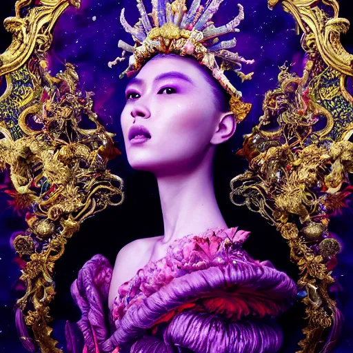 Image similar to a beautiful empress portrait, with a brilliant, impossible striking big cosmic galaxy headpiece, clothes entirely made out of cosmos chaos energy, symmetrical, dramatic studio lighting, rococo, baroque, jewels, asian, hyperrealism, closeup, D&D, fantasy, intricate, elegant, highly detailed, digital painting, artstation, octane render, 8k, concept art, matte, sharp focus, illustration, art by Artgerm and Greg Rutkowski and Alphonse Mucha