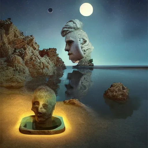 Image similar to Filip Hodas, minimalistic, hyperrealistic surrealism, award winning masterpiece with incredible details, epic stunning, infinity pool, a surreal vaporwave liminal space, highly detailed, trending on ArtStation, artgerm and greg rutkowski and alphonse mucha, daily deviation, IAMAG, broken giant marble head statue ruins, nightscape, milkyway