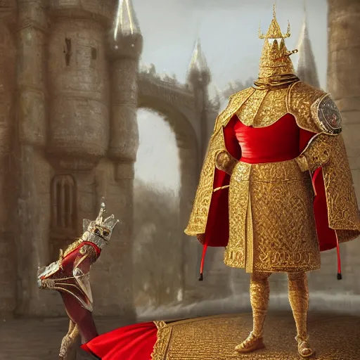 Prompt: detailed photorealistic of a capybara wearing a highly detailed ornamented gold crown with diamonds, in a medieval knight armor with red cape, standing in front of a highly detailed castle, sharp focus in the style of ruan jia, Mandy jurgens, cinematic light, concept art, trending on artstation, ultra realistic