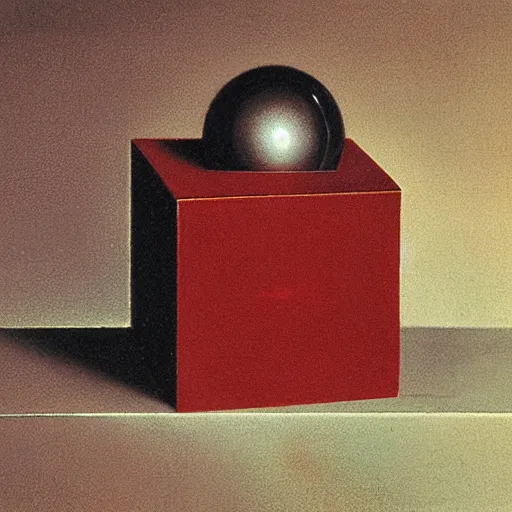 Prompt: chrome spheres on a red cube by joseph wright