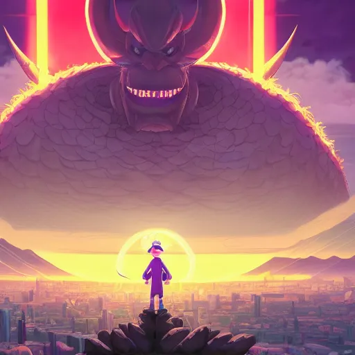 Image similar to the second coming of waluigi by dan mumford, yusuke murata, makoto shinkai, ross tran, cosmic, heavenly, god rays, intricate detail, cinematic, 8 k, cel shaded, unreal engine, featured on artstation, pixiv