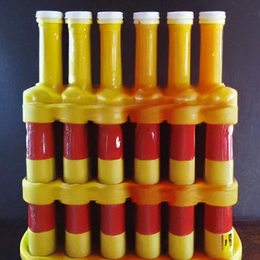 Prompt: twin towers made of ketchup and mustard bottles