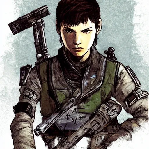 Prompt: A resistance rebel soldier , Artwork by Akihiko Yoshida