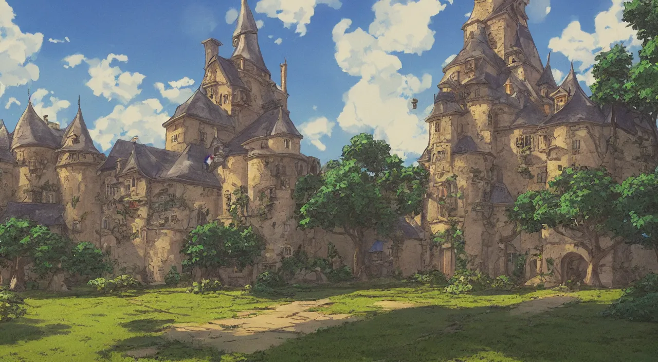 Prompt: a landscape painting of a French castle, with a square and garden, in the style of anime, by Studio Ghibli, trending on artstation