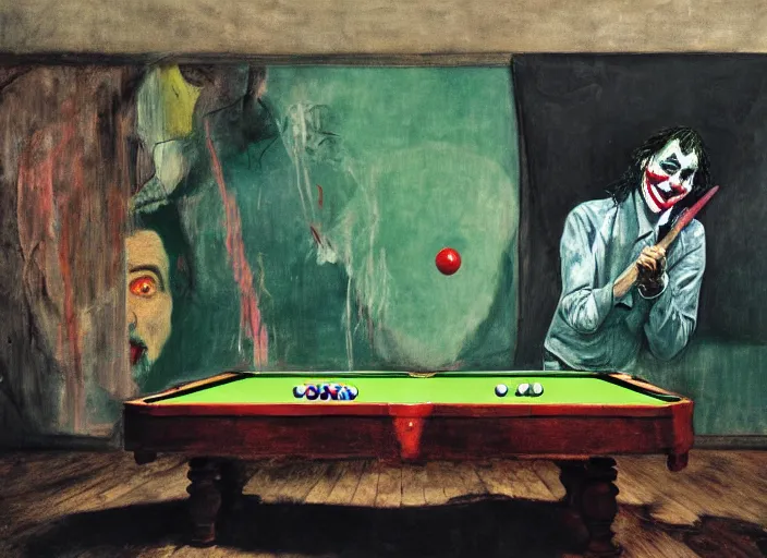 Prompt: the joker playing pool, vincent lefevre and hernan bas and pat steir and peter doig and hilma af klint, psychological, photorealistic, dripping paint, washy brush, rendered in octane, altermodern, masterpiece