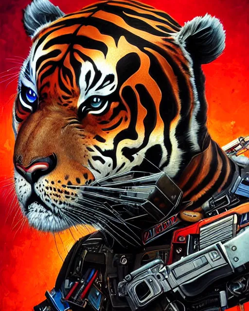 Image similar to a portrait of a muscular anthropomorphic cyberpunk tiger by sandra chevrier, by jon foster, detailed render, pistol in holster, tape deck, epic composition, cybernetics, 4 k realistic, cryengine, realistic shaded lighting, sharp focus, masterpiece, by enki bilal