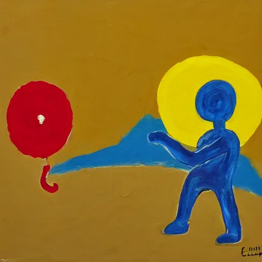 Prompt: a painting of a person holding a yellow and red umbrella, a cave painting by etel adnan, reddit contest winner, metaphysical painting, childs drawing, wimmelbilder, apocalypse art