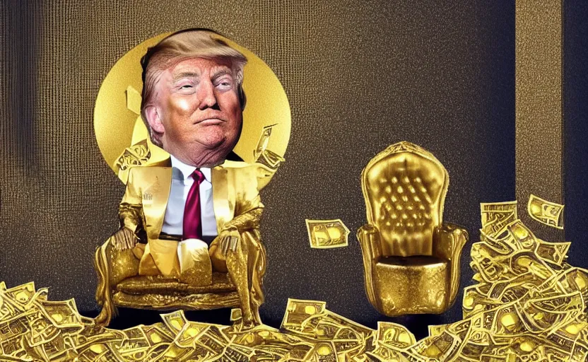 Prompt: golden donald trump sitting on a golden toilet in a bathroom covered in money and diamonds