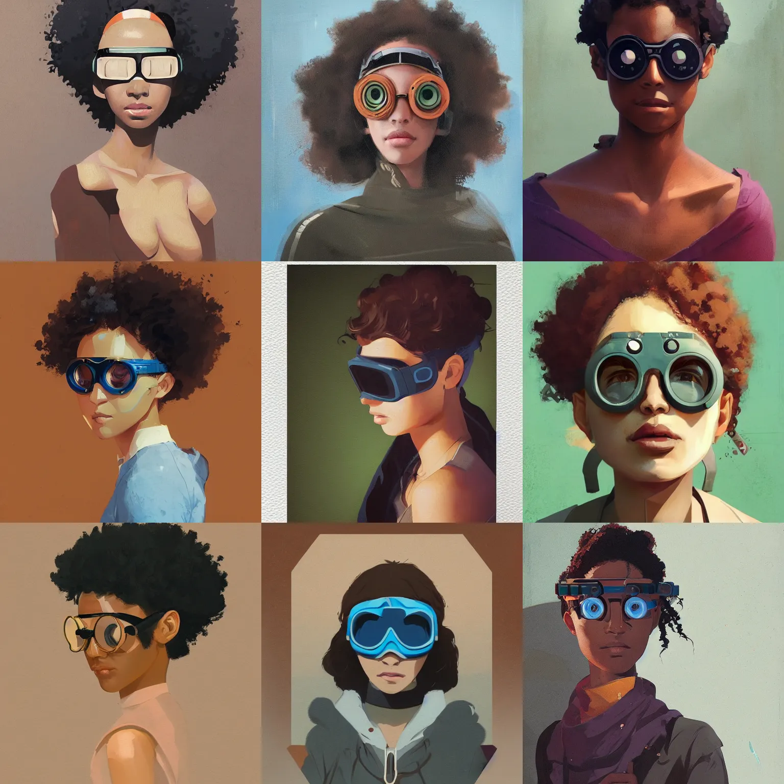 Image similar to Beautiful woman wearing goggles profile picture by Greg Rutkowski, brown skin, afro hair, asymmetrical, studio ghibli, Organic Painting , Matte Painting, geometric shapes, hard edges, street art, trending on the artstation, realistic by Sachin Teng,