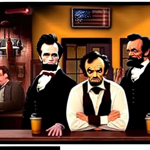 Image similar to The It's Always Sunny in Philadelphia episode where the gang meets Abe Lincoln Dee is there with Mac and so is Dennis they are at the bar, photo realistic, studio lighting, It's Always Sunny in Philadelphia