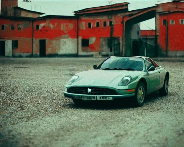 Image similar to a lomographic photo of ferrari standing in typical soviet yard in small town, hrushevka on background, cinestill, bokeh