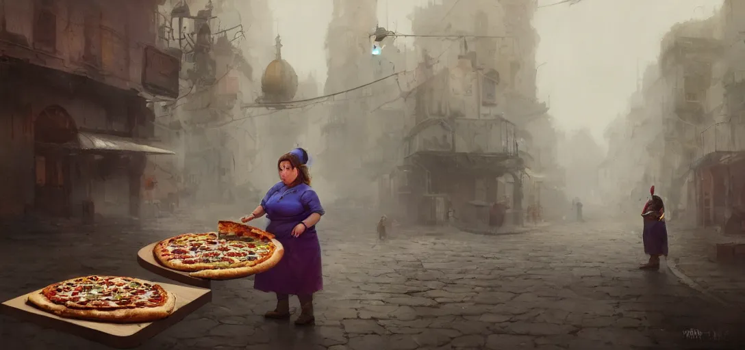 Image similar to a chubby female chef experimenting on a pizza, happy, mysterious, fog, magical, colorful, 8k, james gurney, greg rutkowski, john howe, artstation