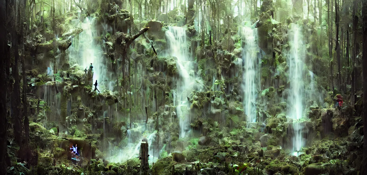 Image similar to a hyper realistic architectural witch shrine under a waterfall in the woods, gorgeous lighting, lush forest foliage, painting by chiara bautista and tom bagshaw, muca beksinski and norman rockwell and greg rutkowski weta studio, and lucasfilm