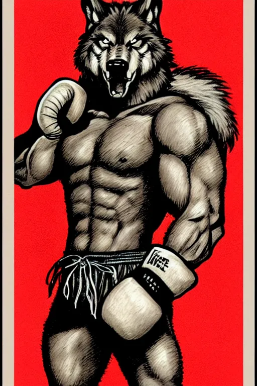 Image similar to extreme long shot. 8 bit nes graphics. antropomorphic muscular masculine wolf. kickboxer fighter, in shorts. wolf head. fine details, very sharp, art from nes game cartridge, marc simonetti and hermann nitsch