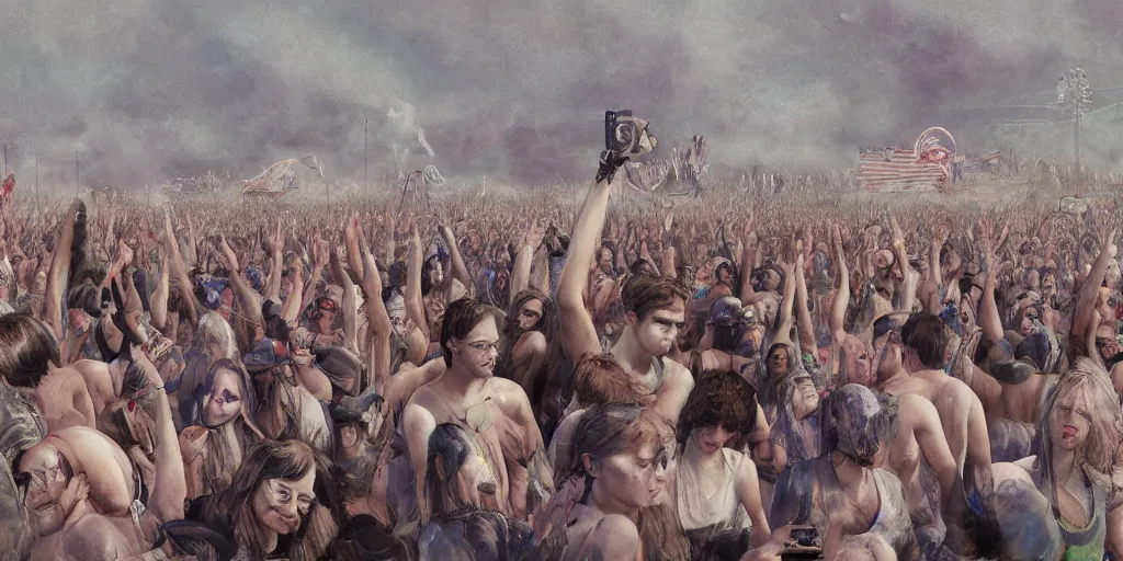 Image similar to Photorealistic people at woodstock 99 by H.R. Giger, KDA and Sam Yang, trending on artstation