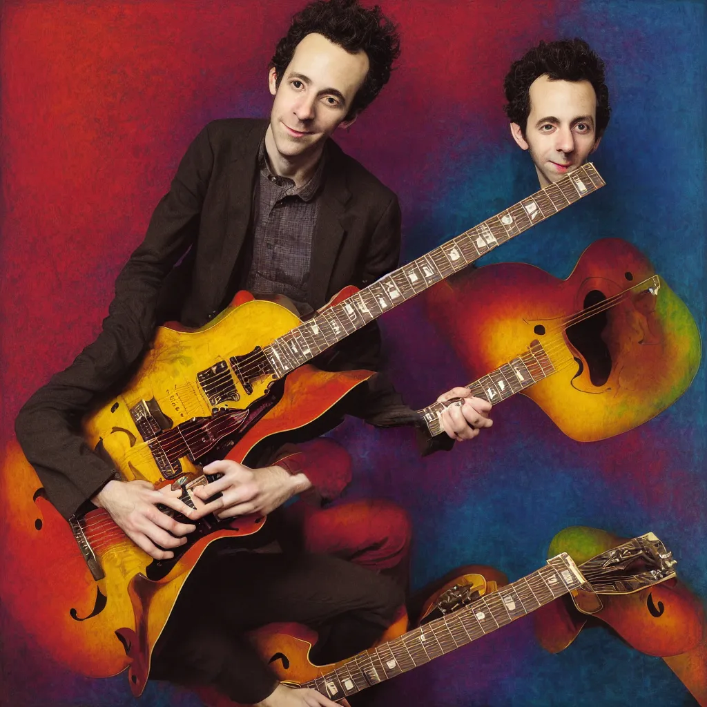 Image similar to award winning photo of julian lage playing jazz guitar, vivid colors, happy, symmetrical face, beautiful eyes, studio lighting, wide shot art by Sally Mann & Arnold Newman