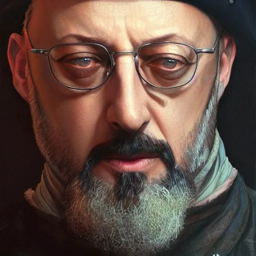 Image similar to Jean Reno, portrait, headshot, D&D, fantasy, highly detailed, digital painting, artstation, concept art, sharp focus, illustration, art by artgerm and greg rutkowski and alphonse mucha