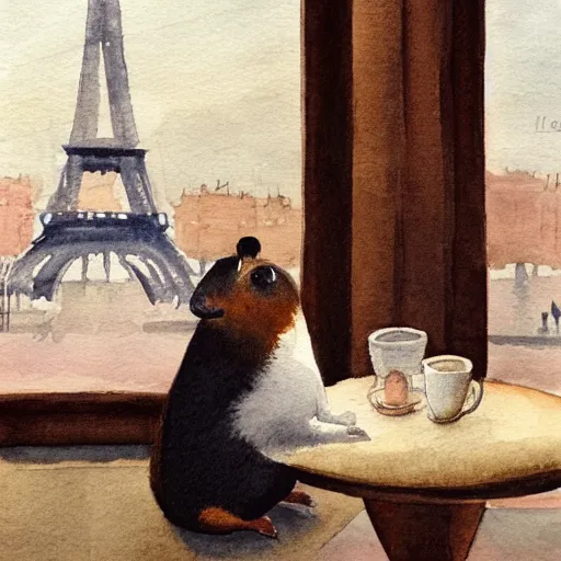 Image similar to a guinea pig sitting in a cafe in paris, it's evening, the eiffel tower is visible in the background, watercolour realism