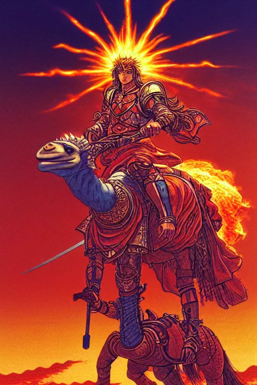 Prompt: illustration of warrior with a flaming sword riding a camel, praise the sun, in the style of moebius, ayami kojima, 1 9 9 0's anime, retro fantasy