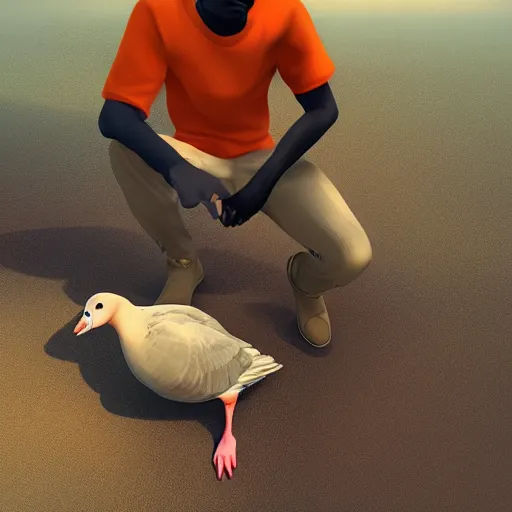 Prompt: man in orange shirt clasps a goose, artstation