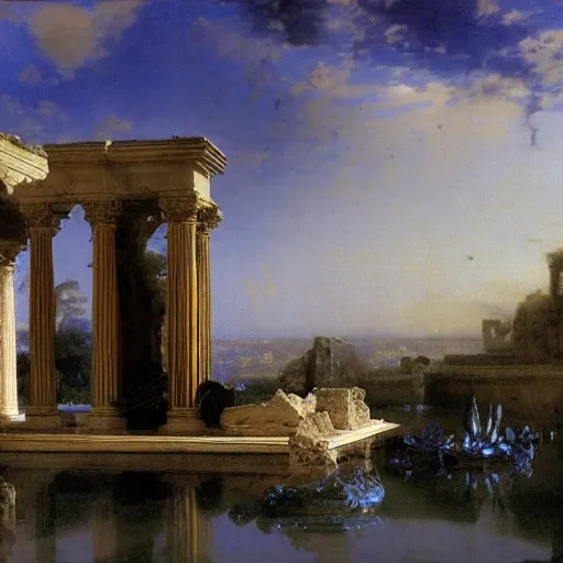 Prompt: gardens of marble ruins draped in flowing sheets of cobalt blue satin, silver and black and gold, by ivan aivazovsky and pieter claesz and paul delaroche and alma tadema and august malmstrom and and willen claesz heda and aelbert cuyp and gerard ter borch, hyperrealistic, volumetric light, rendered in octane, c 4 d