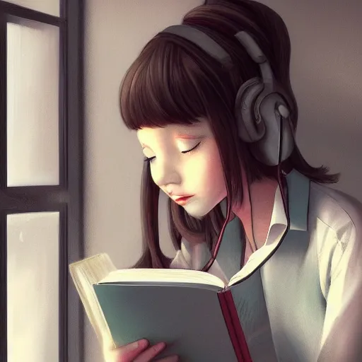 Image similar to LoFi girl studying, trending on art station, by Mike Winklemann