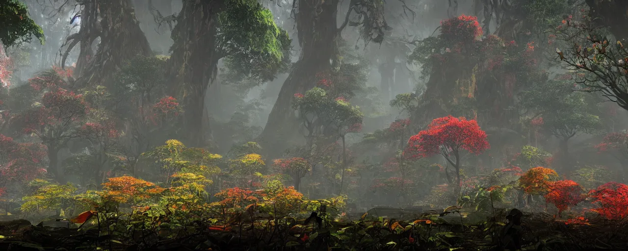 Image similar to a stunning wide shot view of a mythical rainforest, colorful trees, screenshot from bloodborne