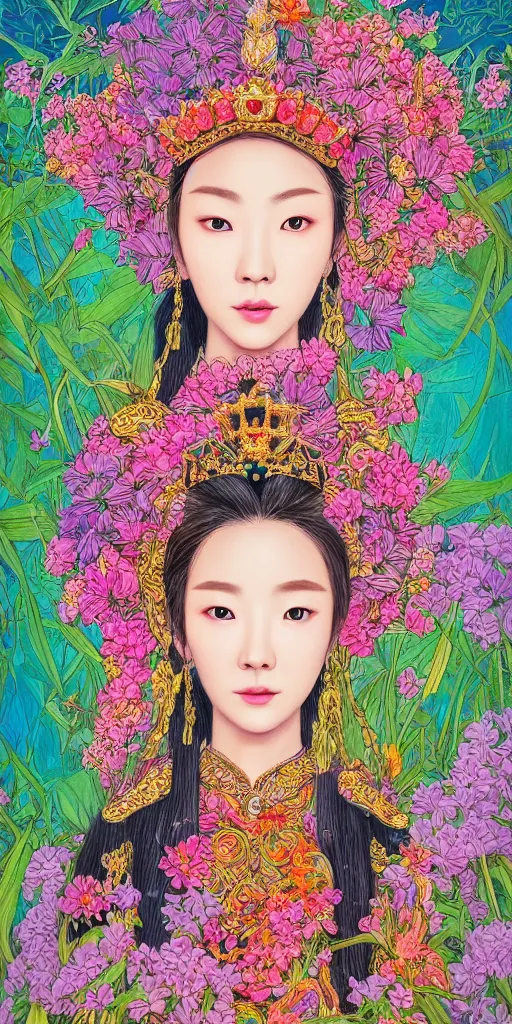 Image similar to highly detailed portrait of a korean queen, wearing a crown of flowers by roger dean and alena aenami
