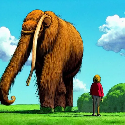 Image similar to a realistic cell - shaded studio ghibli concept art from paprika ( 2 0 0 6 ) of a giant wooly mammoth. very dull colors, wide shot, hd, 4 k, hq