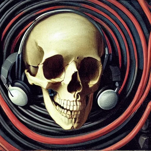 Image similar to a painting by Thomas Cole of a skull wearing headphones connected with many wires and coords to an old computer terminal, highly detailed