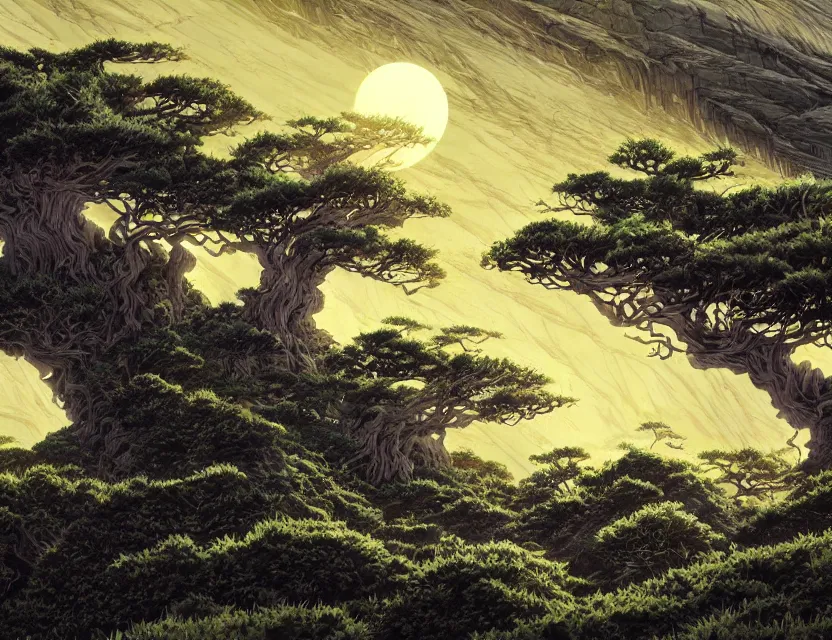 Prompt: windswept scifi cliffs with lone gnarly trees. gouache by award - winning mangaka, chiaroscuro, intricate details, bokeh, backlighting, field of depth
