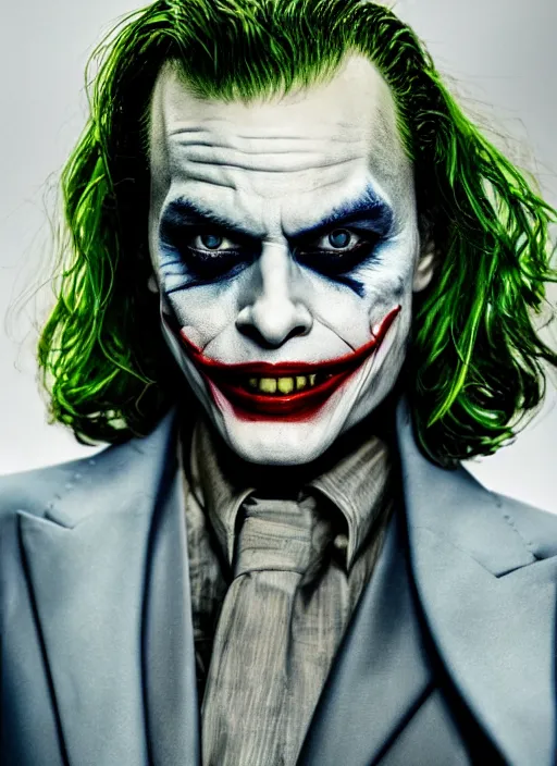 Prompt: photo of Margot Robbie as the Joker by Annie Leibovitz, head shot, detailed, award winning, Sony a7R