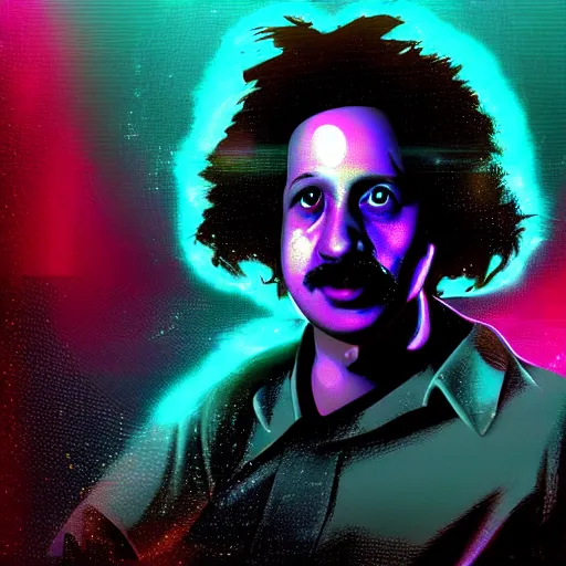 Image similar to A young Albert Einstein as a robot, synthwave style, hacker, dramatic lighting, artstation, 8K, detailed