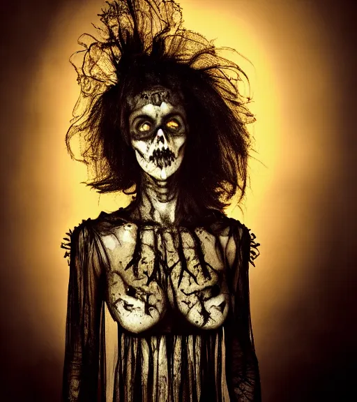 Prompt: gothic necrolord female with zombie servents, professional photography, high resolution, liminal eerie midnight backlit, a photograph taken by Cindy Sherman