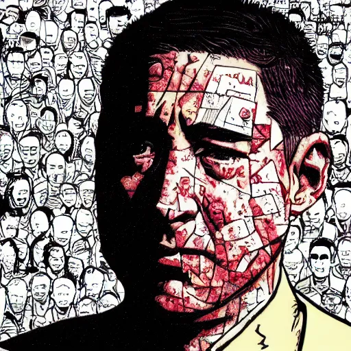 Image similar to glenn greenwald eating his own face in the style of katsuhiro otomo line art blended with pushead style