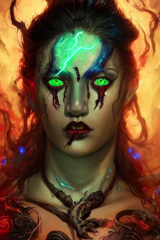 Prompt: eldritch goddess, soft plump face, black hair with red and blue streaks, neon green eyes with black pupils, tan skin with freckles, arcane symbols, hyper realistic character art by johannes voss, seb mckinnon, stanley lau, scott m fischer, huang guangjian, igor kieryluk, pete morhbacher, and sakimi chan