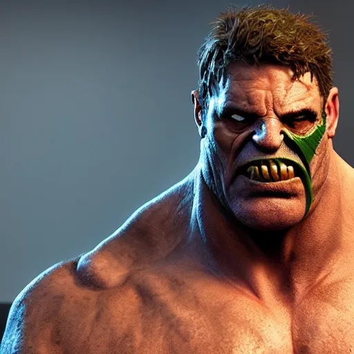 Image similar to bane as the hulk, au naturel, hyper detailed, digital art, trending in artstation, cinematic lighting, studio quality, smooth render, unreal engine 5 rendered, octane rendered, art style by klimt and nixeu and ian sprigger and wlop and krenz cushart