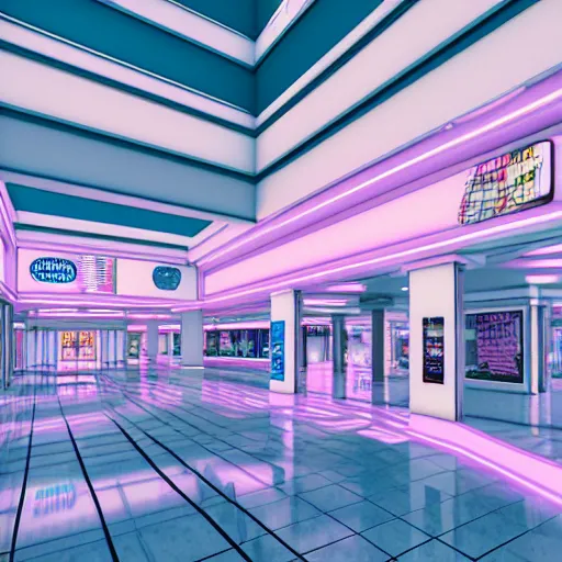 Prompt: vaporwave 9 0 s dreamy empty shopping mall, highly detailed, 3 d render, vray, octane, realistic lighting, photorealistic