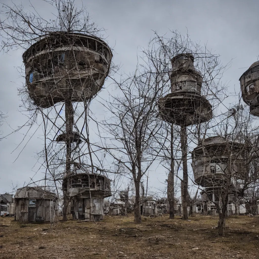 Image similar to a circular tower, made up of makeshift squatter shacks, dystopia, sony a 7 r 3, f 1 1, fully frontal view, photographed by jeanette hagglund