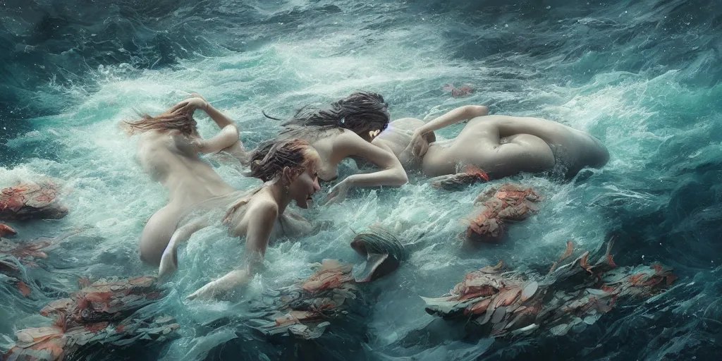 Prompt: Digital art Pixiv, Stunning mermaids swimming in a murky ocean, Kim Jung Gi, Greg Rutkowski, Darek Zabrocki, Karlkka, Jayison Devadas, Phuoc Quan, trending on Artstation, 8K, ultra wide angle, zenith perspective, pincushion lens effect