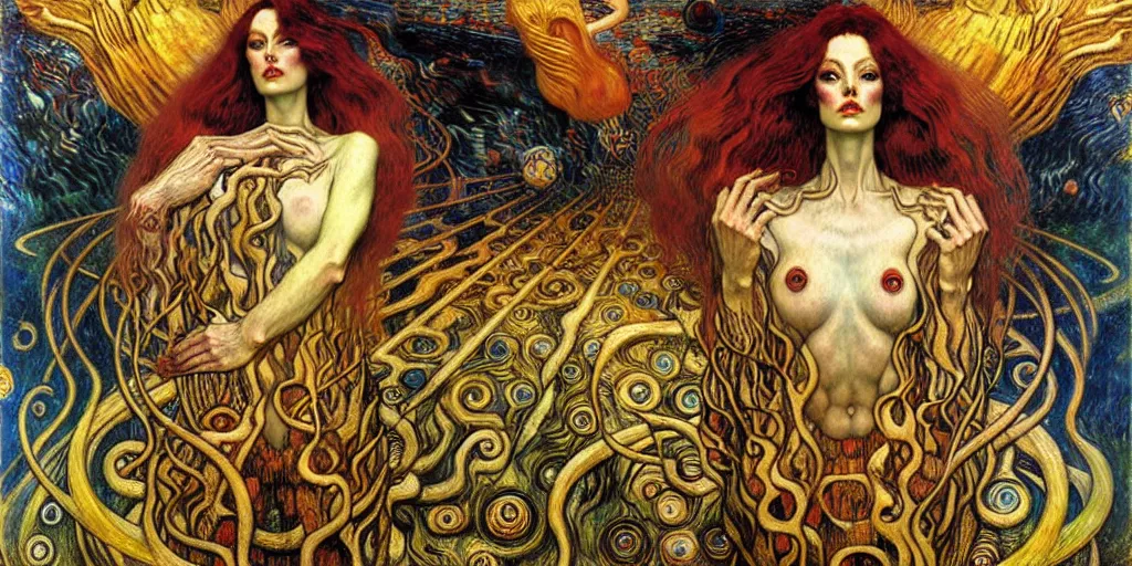 Image similar to Divine Chaos Engine by Karol Bak, Jean Delville, William Blake, Gustav Klimt, and Vincent Van Gogh, symbolist, visionary