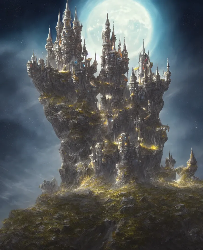 Image similar to highly detailed hd photo of futuristic castle in the middle of space in the style of Greg Rutswoski, hyper realistic, wide angle shot, concept art, 8K detail post-processing