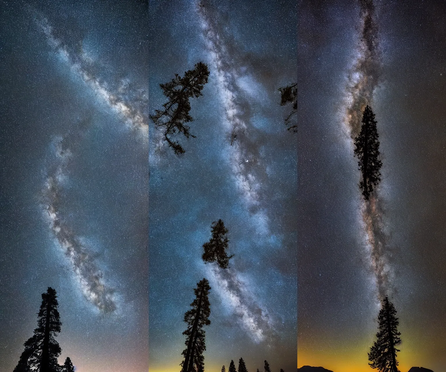 Prompt: looking up at a beautiful nighttime landscape photography of a Sequoia tree with serene, dramatic lighting, milky way galaxy