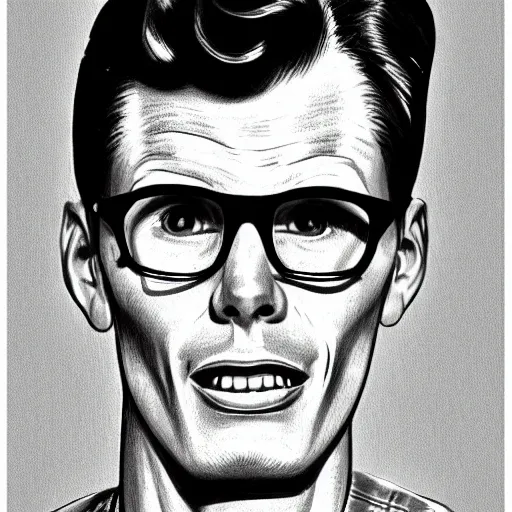 Image similar to A 1950s Style Comic-Like Drawing of iDubbbz, grainy, realistic, hyperrealistic, very realistic, very very realistic, highly detailed, very detailed, extremely detailed, detailed, digital art, trending on artstation, detailed face, very detailed face, very detailed face, realism, HD Quality, 8k resolution, intricate details, body and head in frame, drawing, inked drawing, comic drawing, neat drawing, 1950s, 50s, in the style of Frank Hampson, in the style of Frank Bellamy, in the style of Dave Gibbons, in the style of Don Lawrence, in the style of Wally Wood