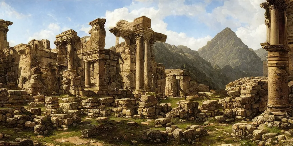 Image similar to roman ruins in mountains by ferdinand knab,