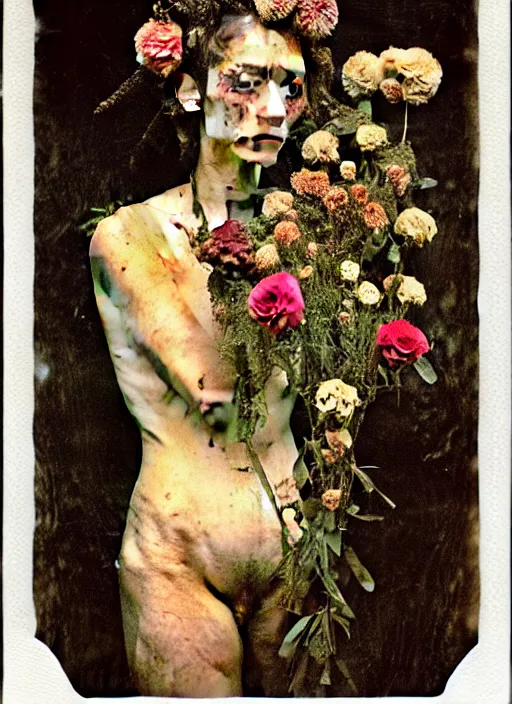 Prompt: beautiful and detailed rotten woman made of plants and many types of stylized flowers like carnation, chrysanthemum, roses and tulips, greek ornamentation, intricate, surreal, john constable, guy denning, gustave courbet, caravaggio, romero ressendi 1 9 1 0 polaroid photo