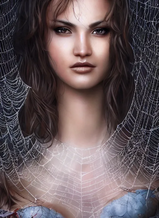 Image similar to a gorgeous female cover with spider webs photo, professionally retouched, soft lighting, realistic, smooth face, full body shot, torso, dress, perfect eyes, wide angle, sharp focus on eyes, 8 k high definition, insanely detailed, intricate, elegant, art by artgerm and jason chan and mark litvokin