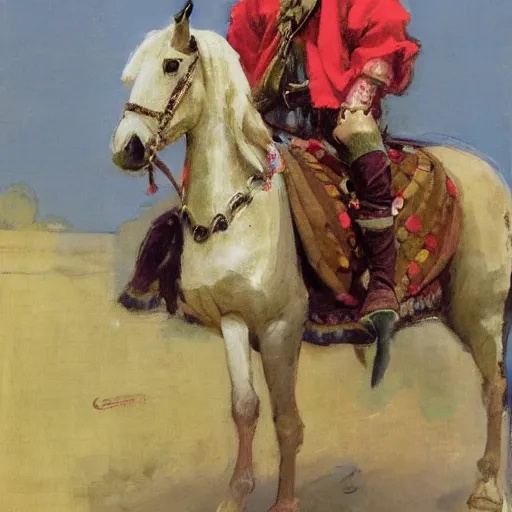 Image similar to portrait of man wearing chinmail and gambeson over colorful cloth on horseback, holding jousting lance, horse is wearing caparisons, medieval by greg manchess, bernie fuchs, walter everett, lost edges
